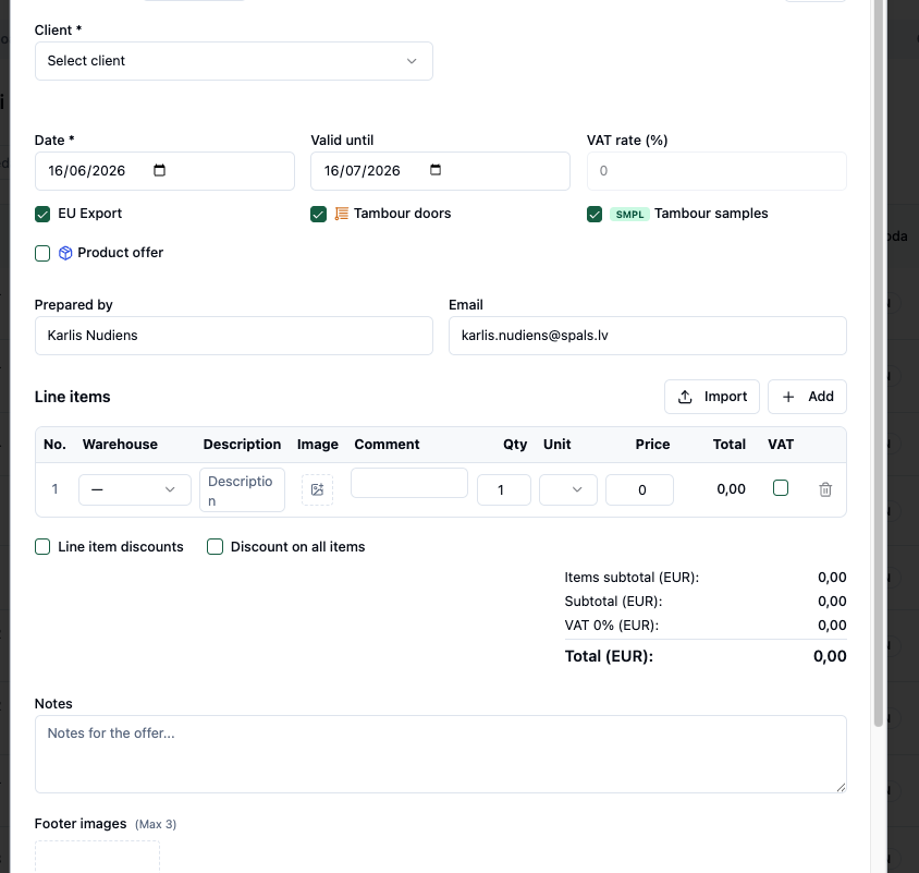 Branded offer builder with line items, VAT, and totals