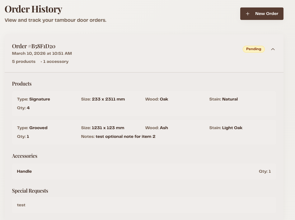 Order history with expanded order showing products, accessories, and special requests