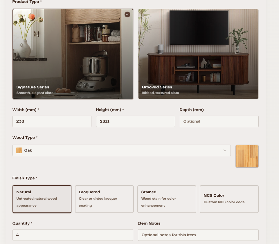 Order configurator with Signature and Grooved product types, dimensions, wood and finish selection