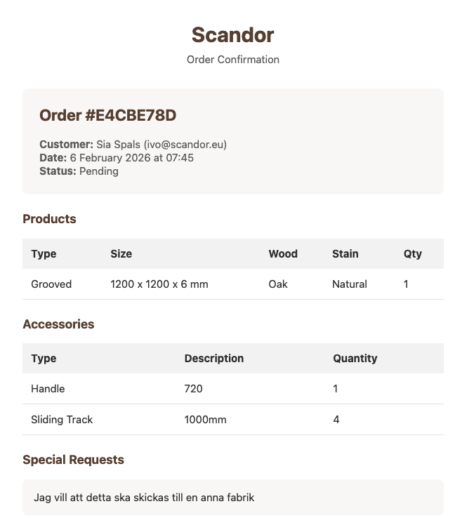 Branded Scandor order confirmation with products, accessories and special requests