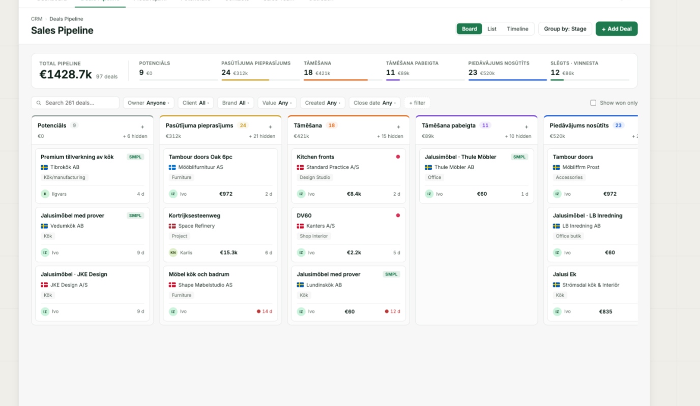 Spals CRM sales pipeline board with deals across stages